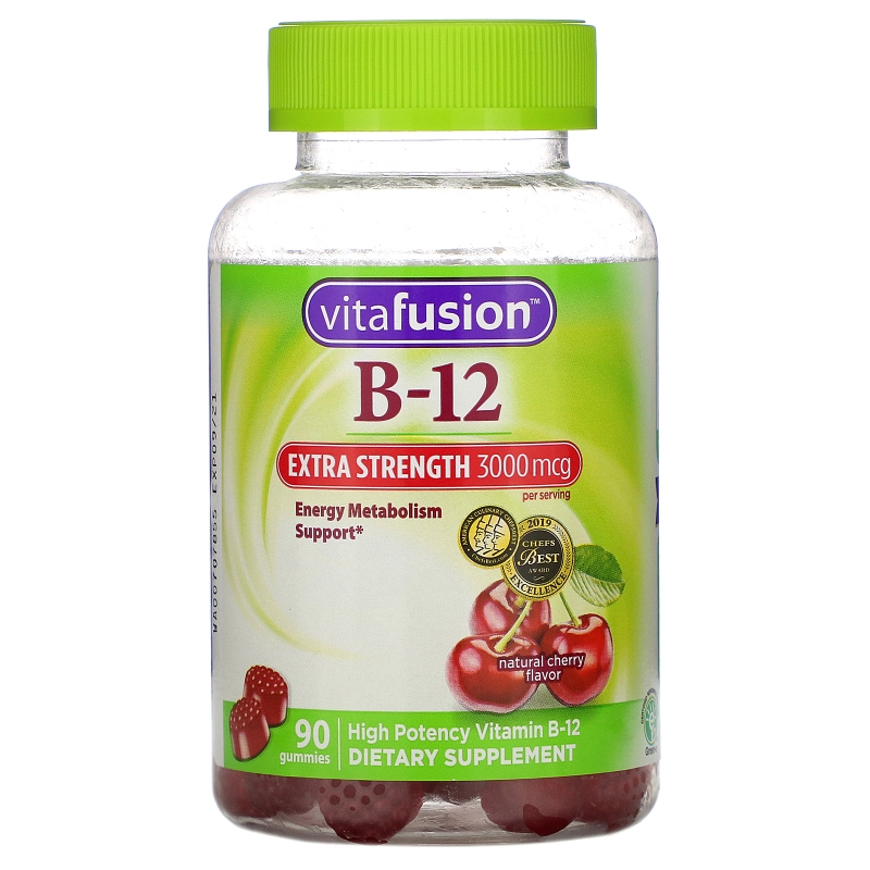 VitaFusion, Сверхсильный B-12, Натуральный вишневый вкус, 3000 мкг, 90 жевательных таблеток