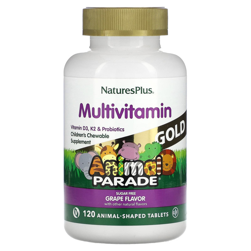 Nature's Plus, Source of Life Animal Parade, Gold, Children's Chewable Multi-Vitamin & Mineral Supplement, Natural Grape Flavor, 120 Animal-Shaped Tablets