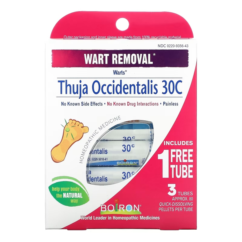 Boiron, Thuja Occidentalis 30C, Wart Removal, 3 Tubes, Approx 80 Pellets Per Tube