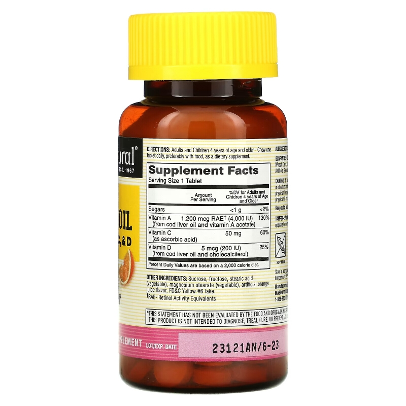 Mason Natural, Chewable Cod Liver Oil, with Vitamins A, C, & D, Orange Flavor, 100 Tablets