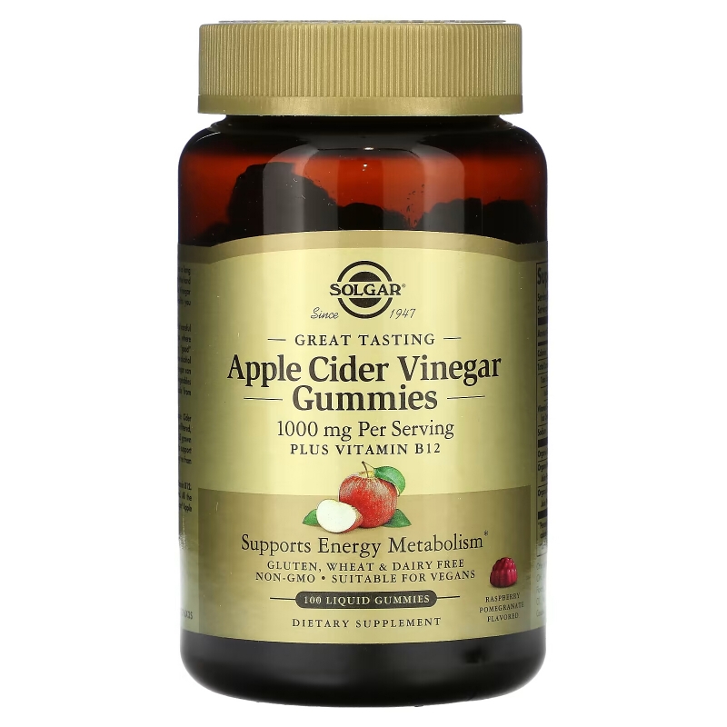 Solgar, Apple Cider Vinegar Gummies, Raspberry Pomegranate, 500 mg, 100 Liquid Gummies