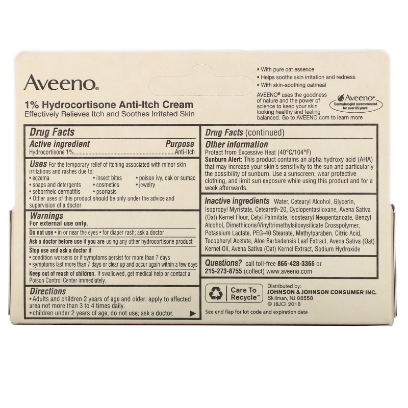 Aveeno Active Naturals 1% гидрокортизон крем анти-зуд 1 унция (28 г)