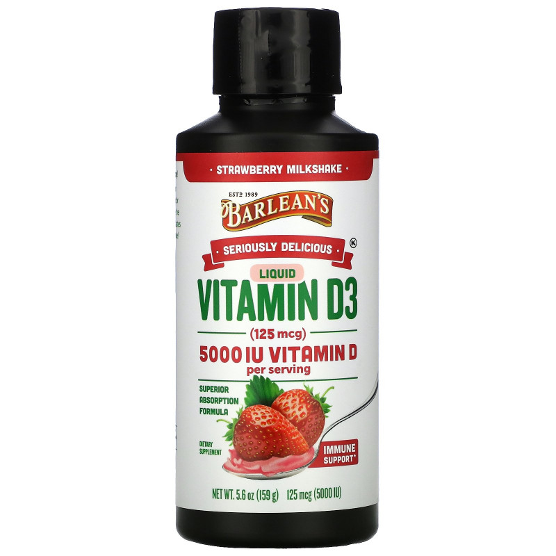 Barlean's, Seriously Delicious, Liquid Vitamin D3, Strawberry Milkshake, 125 mcg (5,000 IU), 5.6 oz (159 g)