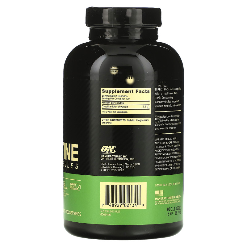 Optimum Nutrition, микронизированный креатин в капсулах, 2,5 г, 200 капсул