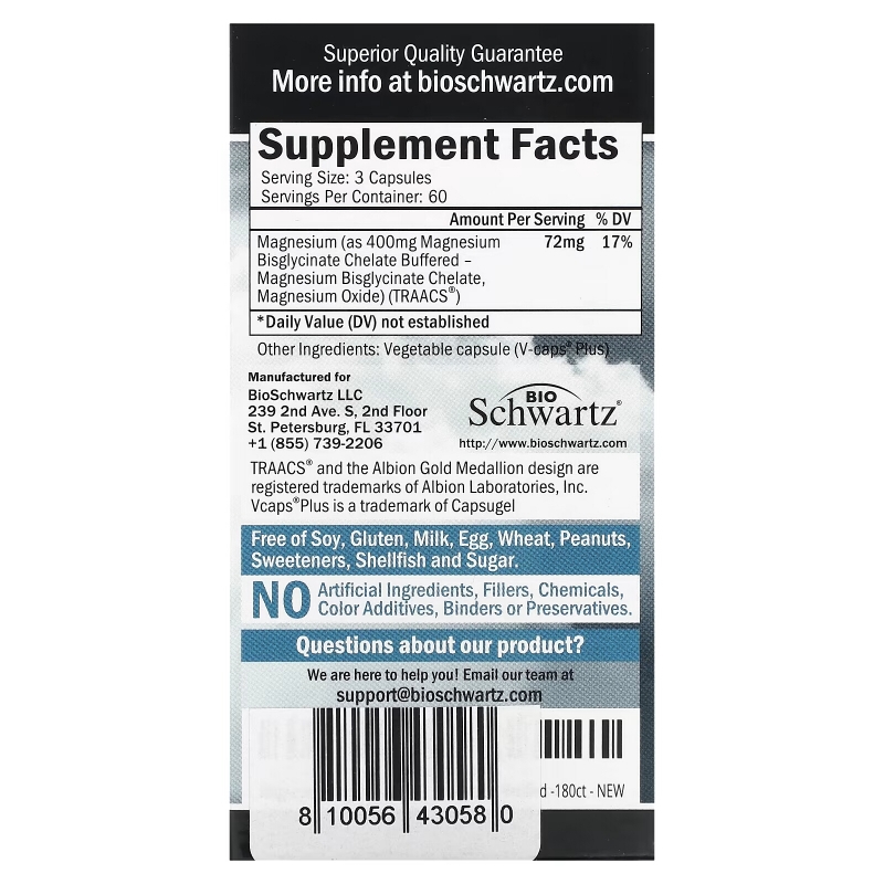 BioSchwartz, Maximum Absorption Magnesium Bisglycinate, 180 Veggie Caps