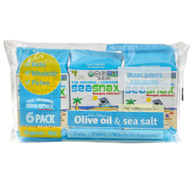 SeaSnax, Organic Roasted Seaweed Snack, 6 Pack 0.18 oz (5 g) Each