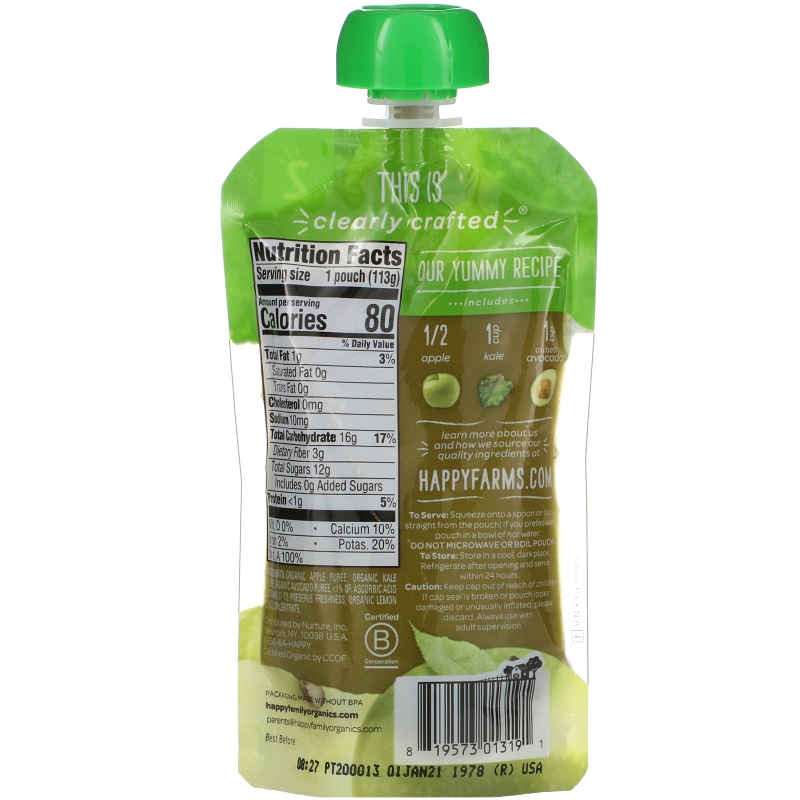 Nurture Inc. (Happy Baby), Organic Happy Baby Food, Stage 2, 6+ Months, Apples, Kale & Avocados, 4 oz (113 g)