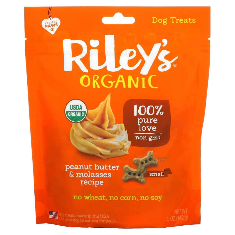 Riley’s Organics, Dog Treats, Small Bone, Peanut Butter & Molasses Recipe, 5 oz (142 g)