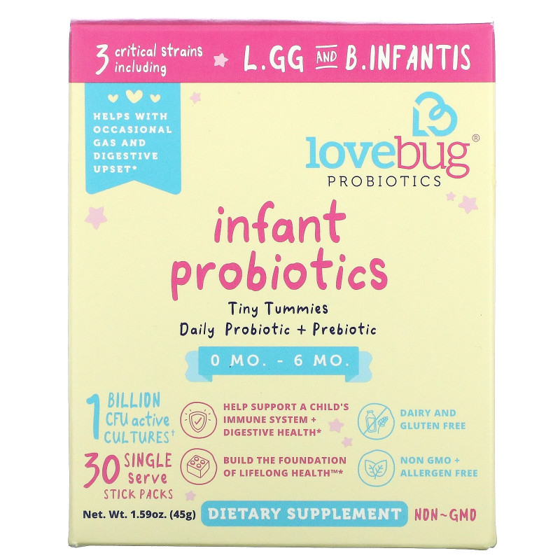 LoveBug Probiotics, Tiny Tummies, Daily Probiotic + Prebiotic, 0 Mo-6 Mo, 30 Single Serve Stick Packs, 1.59 oz ( 45 g)