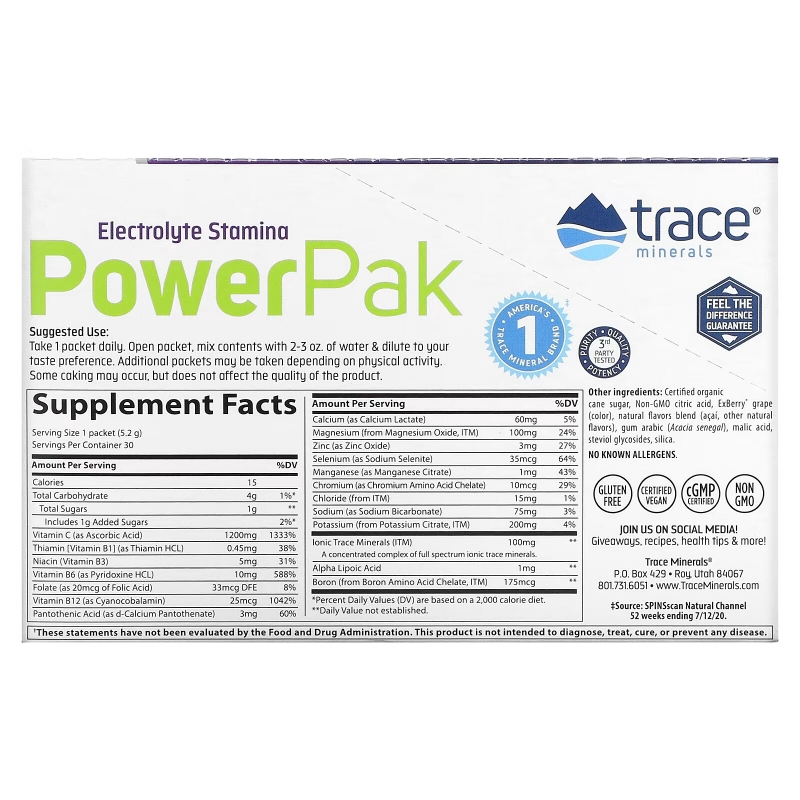 Trace Minerals ®, Electrolyte Stamina PowerPak, Acai Berry, 30 Packets, 0.18 oz (5.2 g) Each