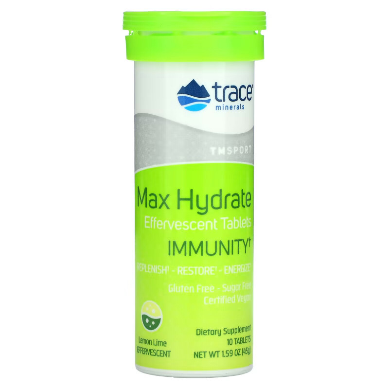 Trace Minerals Research, Max-Hydrate Immunity, High Performance Electrolyte Fizzing Tablets, Lemon Lime, 1.59 oz (45 g)