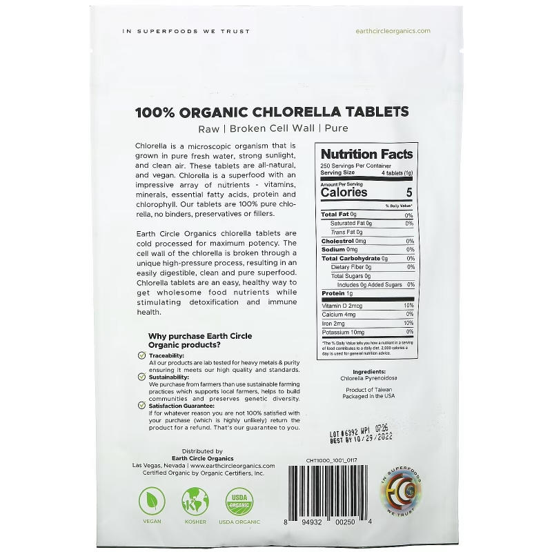 Earth Circle Organics, 100% Organic Chlorella Tablets, 1,000 Tablets, 8.75 oz (248 g)