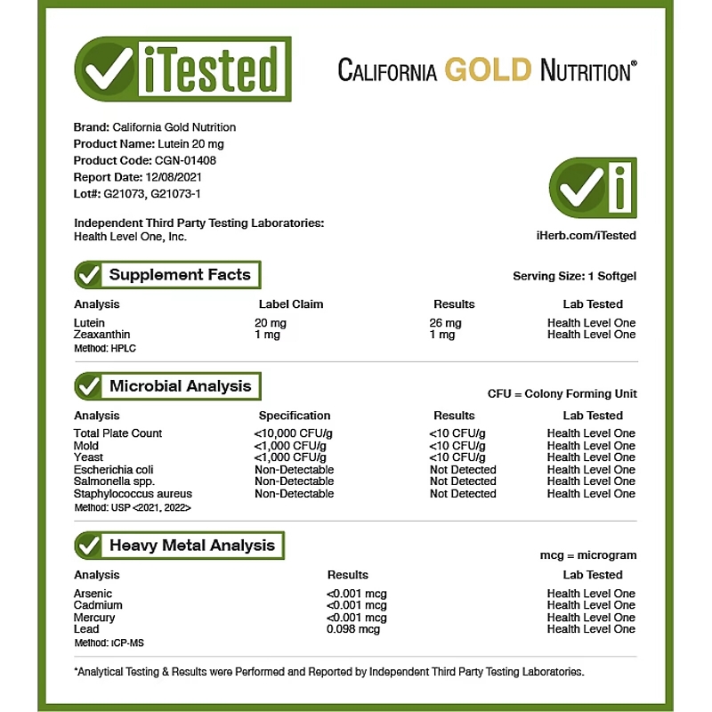 California Gold Nutrition, Lutein with Zeaxanthin, 20 mg, 60 Veggie Softgels