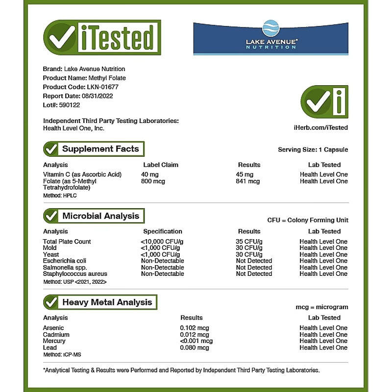 Lake Avenue Nutrition, Methyl Folate, 800 mcg, 120 Veggie Capsules
