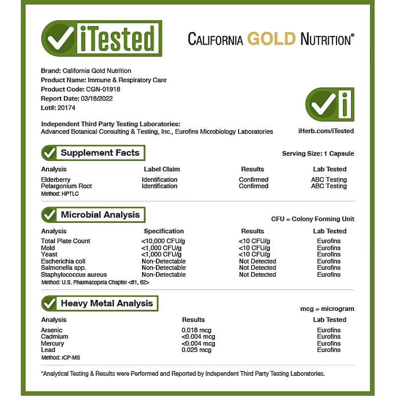 California Gold Nutrition, Immune & Respiratory Care, 30 Veggie Capsules